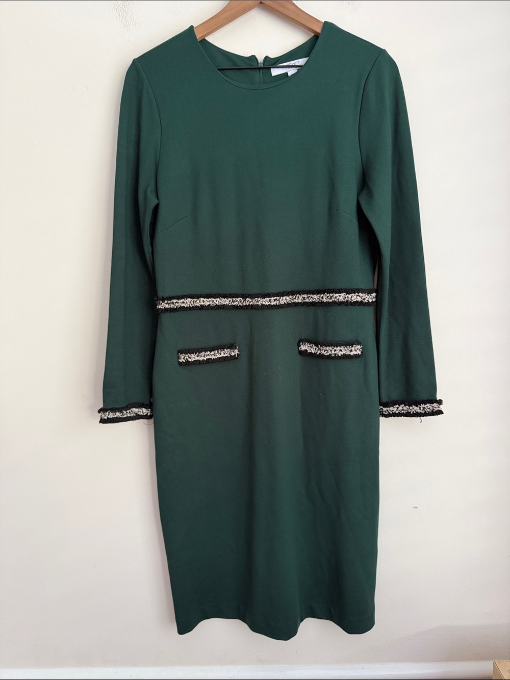 L.K. Bennett Vinnie dark green Jersey Tweed Trim Shift Dress 10